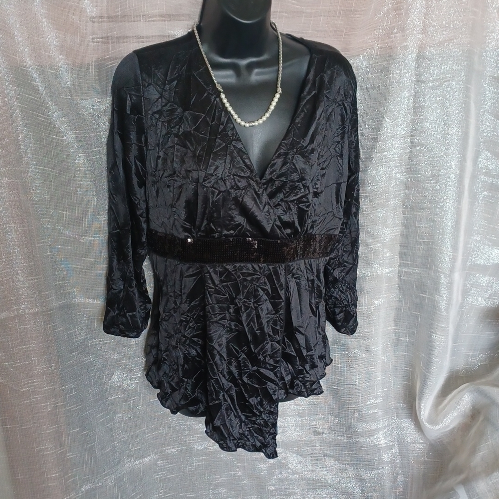 j.t.b. Black crinkled satin assymetrical top, sequin waist, JRXL